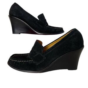 Michael Kors Suede Wood Stacked Loafer Wedges